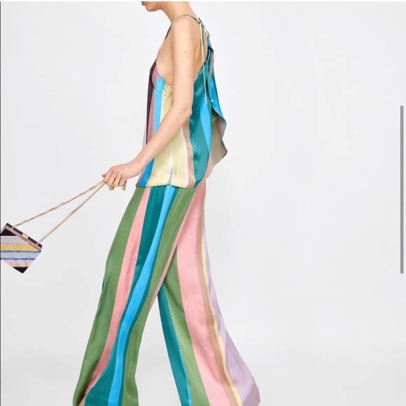 ZARA Pastel Striped Open Back Halter Top & Flowy Palazzo Pants 2pc Coord Set NWT - Picture 8 of 9